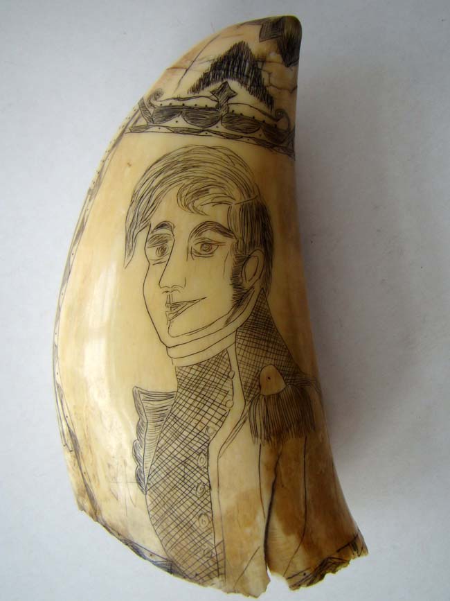 A 19th century scrimshawed whale's tooth featuring American Naval hero Commodore Stephen Decatur (1779-1820) circa 1845